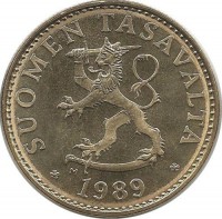Монета 50 пенни. 1989 год, Финляндия. Отметка монетного двора M. (из ролла) UNC.  