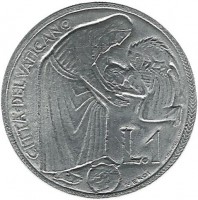 Монета 1 лира 1975г. Ватикан (UNC)
