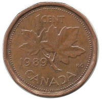 Монета 1 цент, 1989 год, Канада.