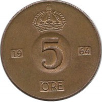 Монета 5 эре.1964 год, Швеция. (U).