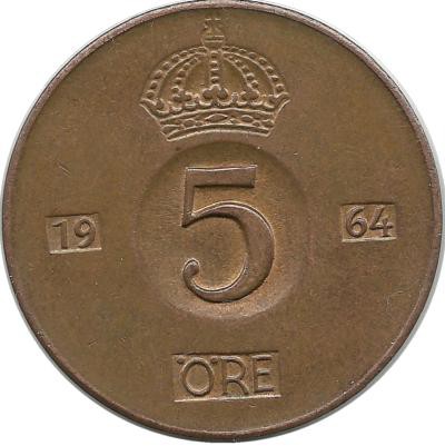 Монета 5 эре.1964 год, Швеция. (U).