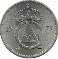 Монета 25 эре. 1971 год, Швеция. (U).