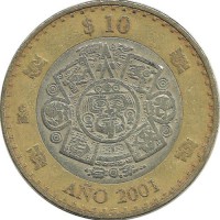 Смена тысячелетия - 2000 год. Монета 10 песо. 2001 год, Мексика.