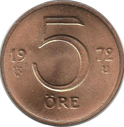 Монета 5 эре.1972 год, Швеция. (U).