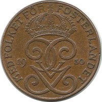 Монета 2 эре.1950 год, Швеция. (Бронза).