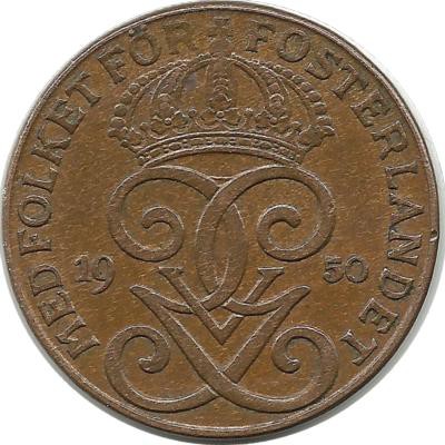 Монета 2 эре.1950 год, Швеция. (Бронза).