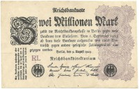 Рейхсбанкнота 2 миллиона марок 1923 год, Германия. 