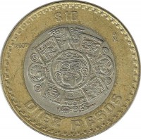 Тонатиу. Ацтекский солнечный камень. Монета 10 песо. 2007 год, Мексика. 