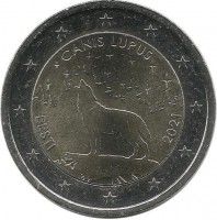 Серый волк. Эстонское национальное животное. Монета 2 евро, 2021 год, Эстония. UNC.  