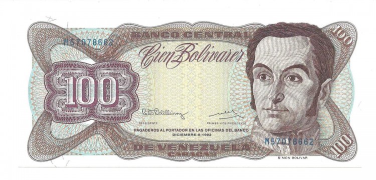 Банкнота 100 боливаров. 1992 год. Венесуэла. UNC.  