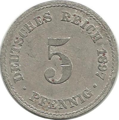 Монета 5 пфеннигов.  1897 год, (А) Германская империя.