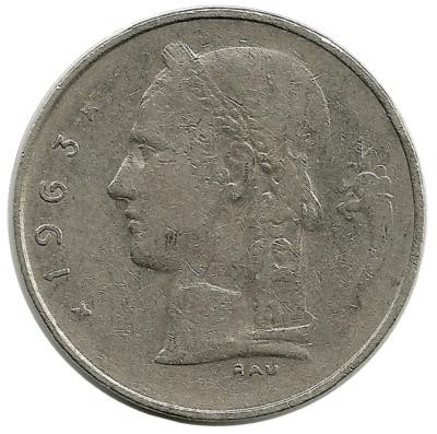 Монета 1 франк.  1963 год, Бельгия.  (Belgie)