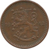 Монета 1 марка. 1942 год, Финляндия.