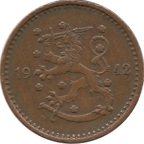 Монета 1 марка. 1942 год, Финляндия.