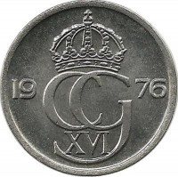 Монета 25 эре. 1976 год, Швеция. (U).