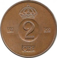Монета 2 эре.1952 год, Швеция. (TS).