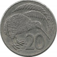 Киви (птица). Монета 20 центов. 1987 год, Новая Зеландия.