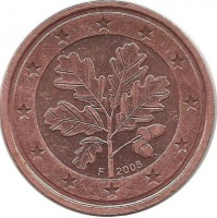 Монета 2 цента. 2008 год (F), Германия.  