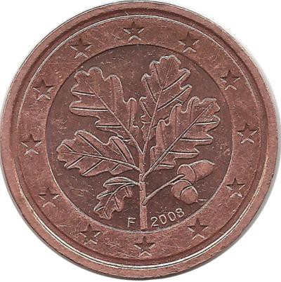 Монета 2 цента. 2008 год (F), Германия.  