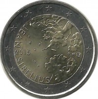 Ян Сибелиус. Монета 2 евро. 2015 год, Финляндия.UNC.