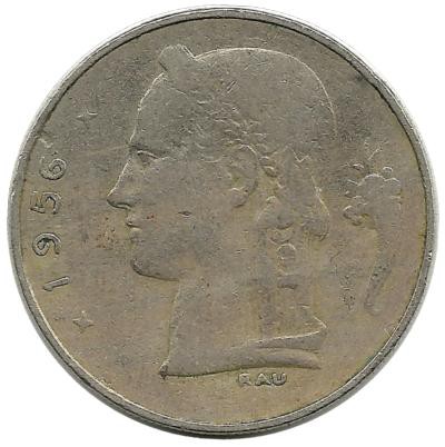 Монета 1 франк.  1956 год, Бельгия.  (Belgie)