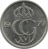 Монета 25 эре. 1977 год, Швеция. (U).