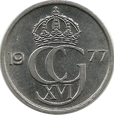 Монета 25 эре. 1977 год, Швеция. (U).