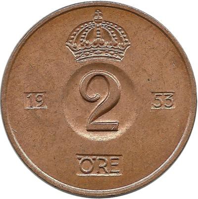 Монета 2 эре.1953 год, Швеция. (TS).