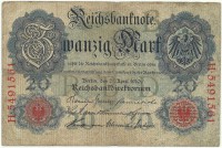 Банкнота (рейхсбанкнота) 20 марок. 1910 год, (Литера: B. Серия: H.), Германская империя. 