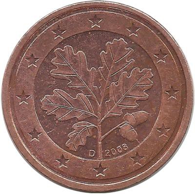 Монета 2 цента. 2008 год (D), Германия.  