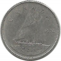 Шхуна Bluenose. Гафельная двухмачтовая шхуна Блюноуз. Монета 10 центов. 1974 год, Канада.  