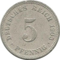Монета 5 пфеннигов.  1903 год, (D) Германская империя.