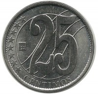 Монета 25 сентимо. 2007 год, Венесуэла. UNC.