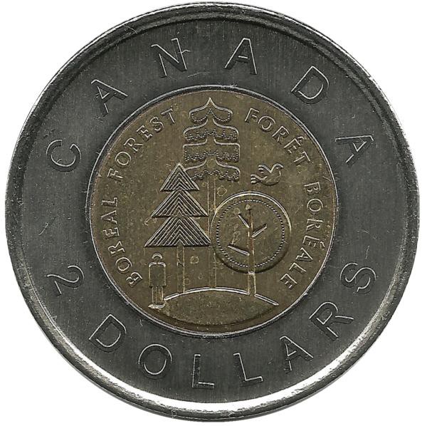 Тайга - половина суши Канады. Монета 2 доллара. 2011 год, Канада. UNC.