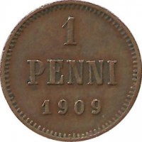 Монета 1 пенни. 1909 год, Финляндия в составе Российской Империи.