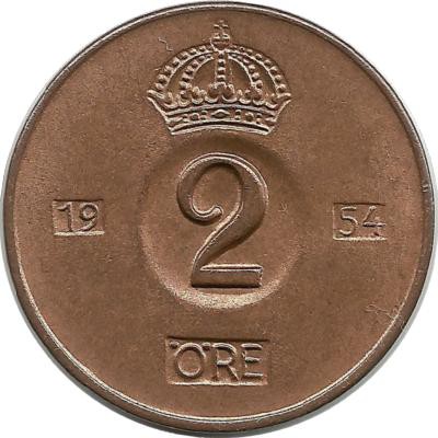 Монета 2 эре.1954 год, Швеция. (TS).