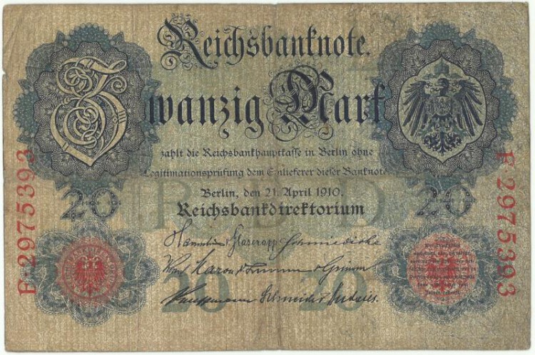 Банкнота (рейхсбанкнота) 20 марок. 1910 год, (Литера: L. Серия: E.), Германская империя. 