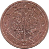 Монета 2 цента. 2008 год (G), Германия.  
