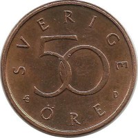Монета 50 эре. 1992 год, Швеция. (D).