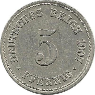 Монета 5 пфеннигов.  1907 год, (A) Германская империя.