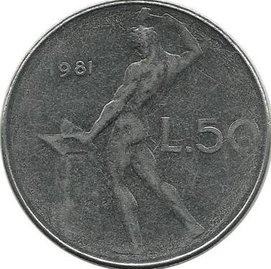 Монета 50 лир. 1981 год,  бог огня Вулкан. Италия.