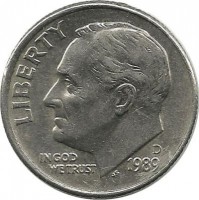 Франклин Д. Рузвельт. Монета 10 центов 1989г. (D.), CША. 