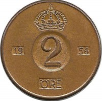 Монета 2 эре.1956 год, Швеция. (TS).