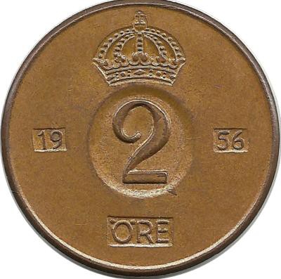 Монета 2 эре.1956 год, Швеция. (TS).