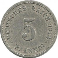 Монета 5 пфеннигов.  1914 год, (A) Германская империя.