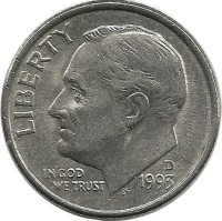 Франклин Д. Рузвельт. Монета 10 центов 1993г. (D.), CША.