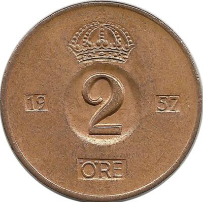 Монета 2 эре.1957 год, Швеция. (TS).