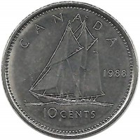 Шхуна Bluenose. Гафельная двухмачтовая шхуна Блюноуз. Монета 10 центов. 1988 год, Канада.  