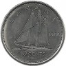 Шхуна Bluenose. Гафельная двухмачтовая шхуна Блюноуз. Монета 10 центов. 1988 год, Канада.  