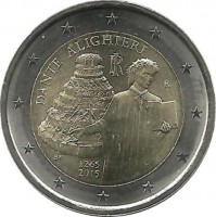 750 лет со дня рождения Данте  Алигьери. Монета 2 евро. 2015 год, Италия . UNC.
